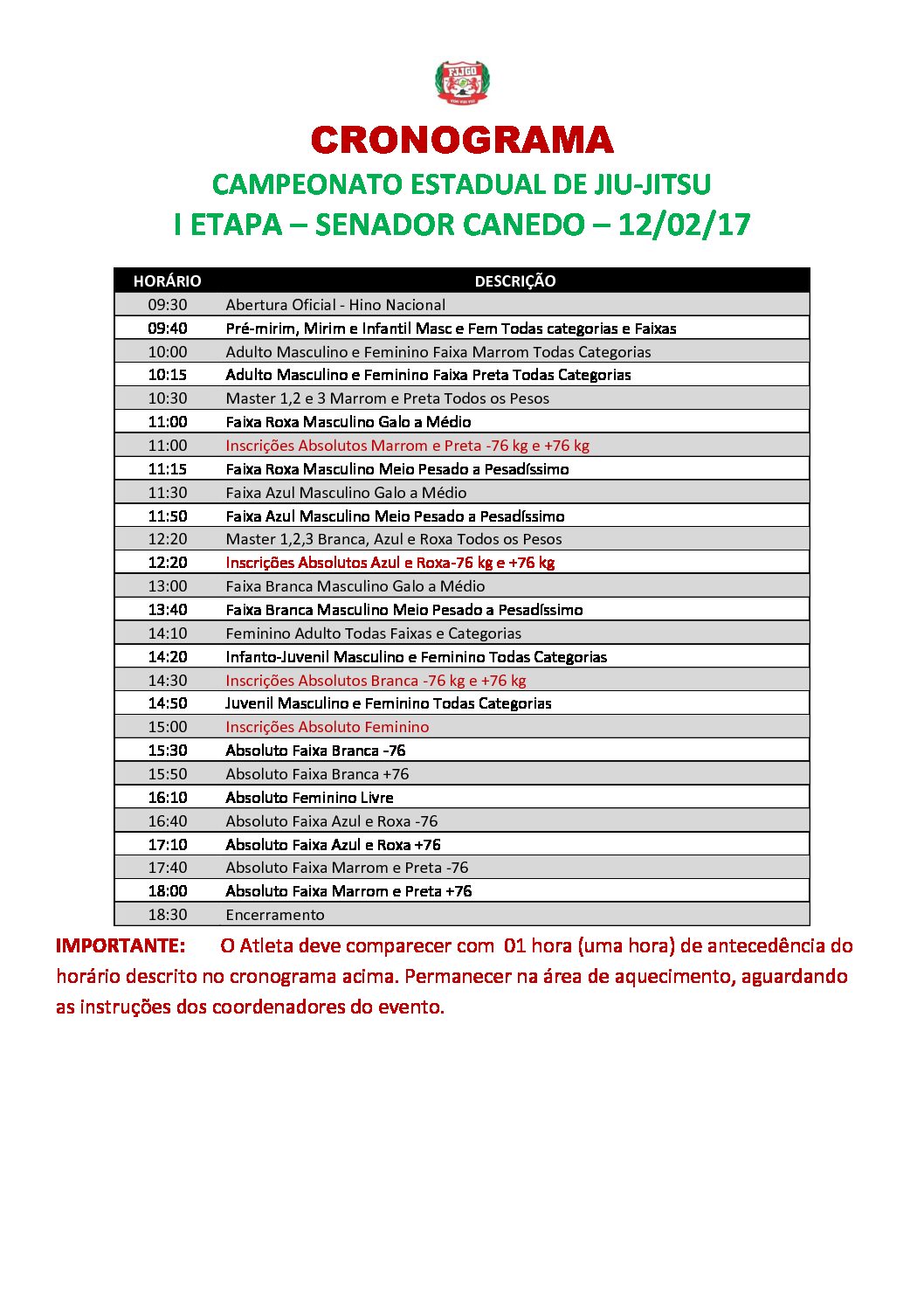 Cronograma! Estadual I Etapa de Senador Canedo